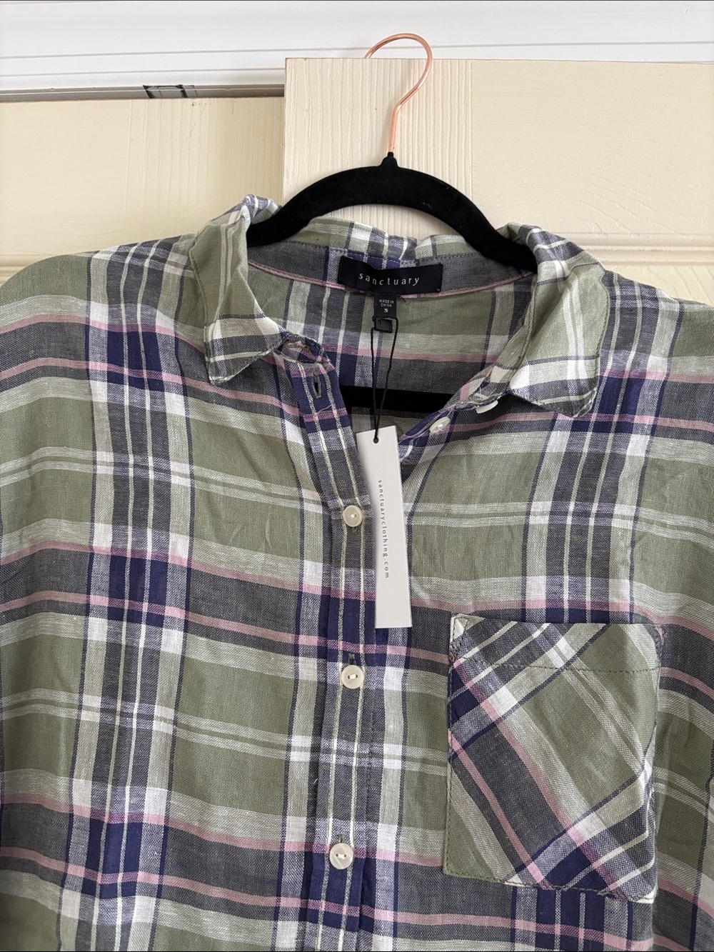 Sanctuary Olive Plaid Button-Down with Navy & Pink Stripes